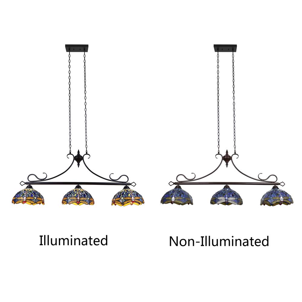CHLOE Lighting SUNNIVA Dragonfly Tiffany-Style 3 Light Island Pendant 25" Wide. Picture 5