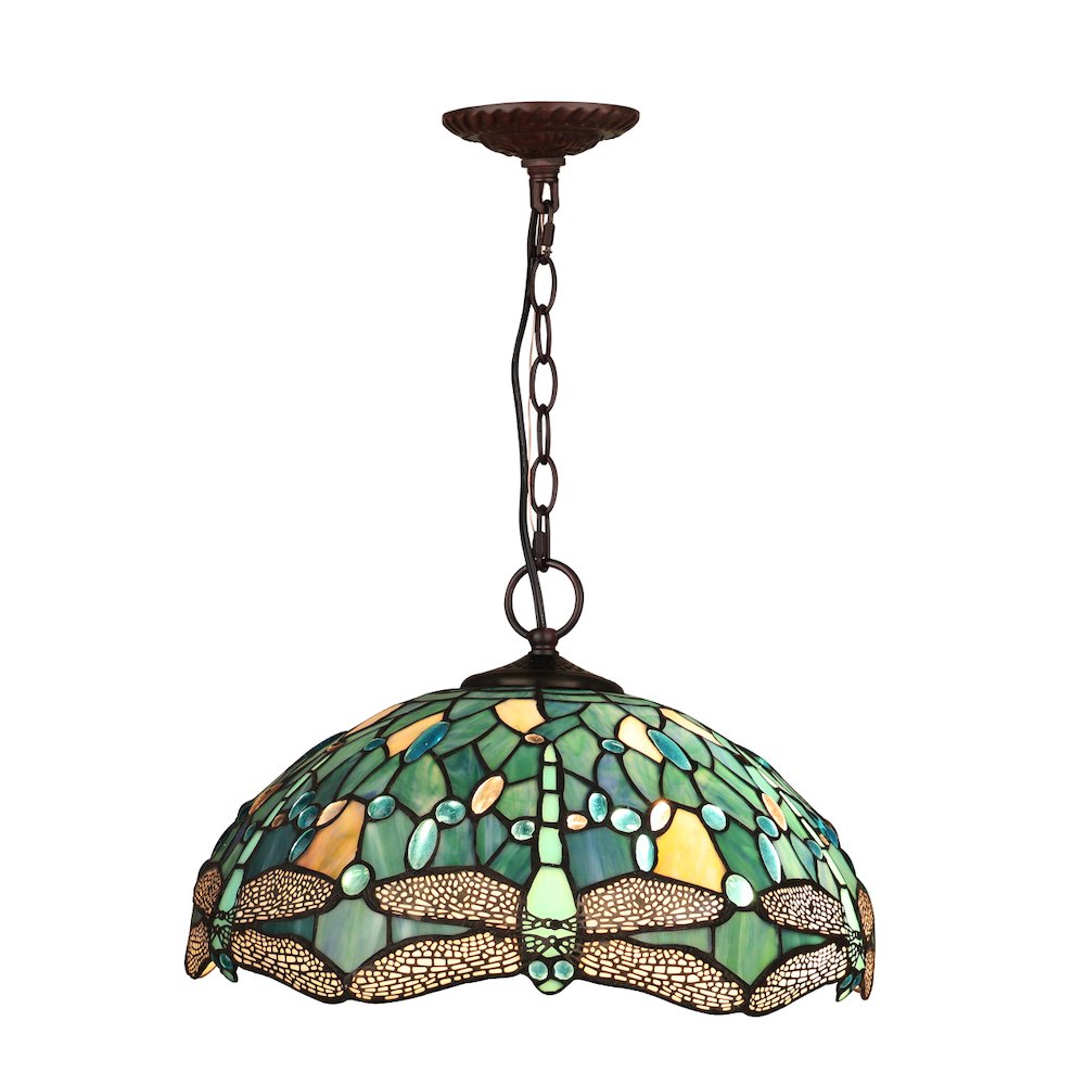 Sunniva Dragonfly Tiffany-Style 2-Light Ceiling Pendant 16" Shade. Picture 1