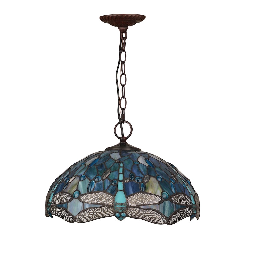 Sunniva Dragonfly Tiffany-Style 2-Light Ceiling Pendant 16" Shade. Picture 2