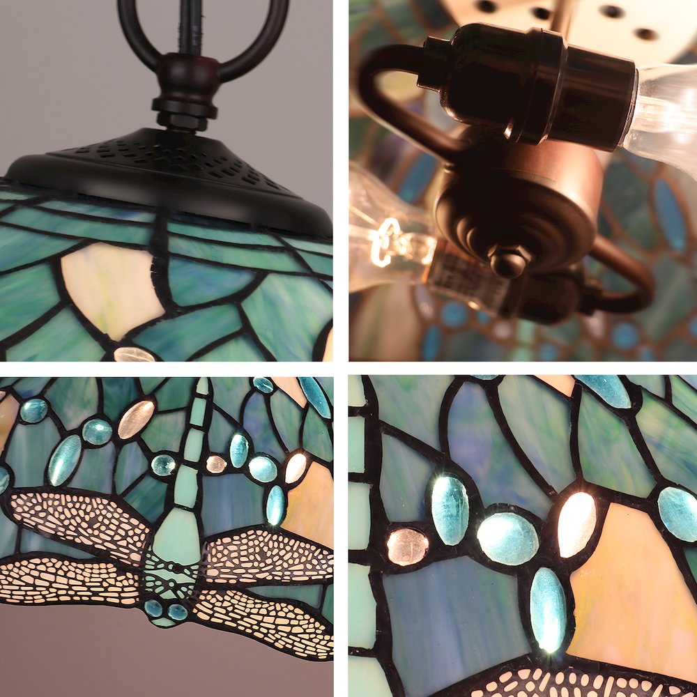 Sunniva Dragonfly Tiffany-Style 2-Light Ceiling Pendant 16" Shade. Picture 4