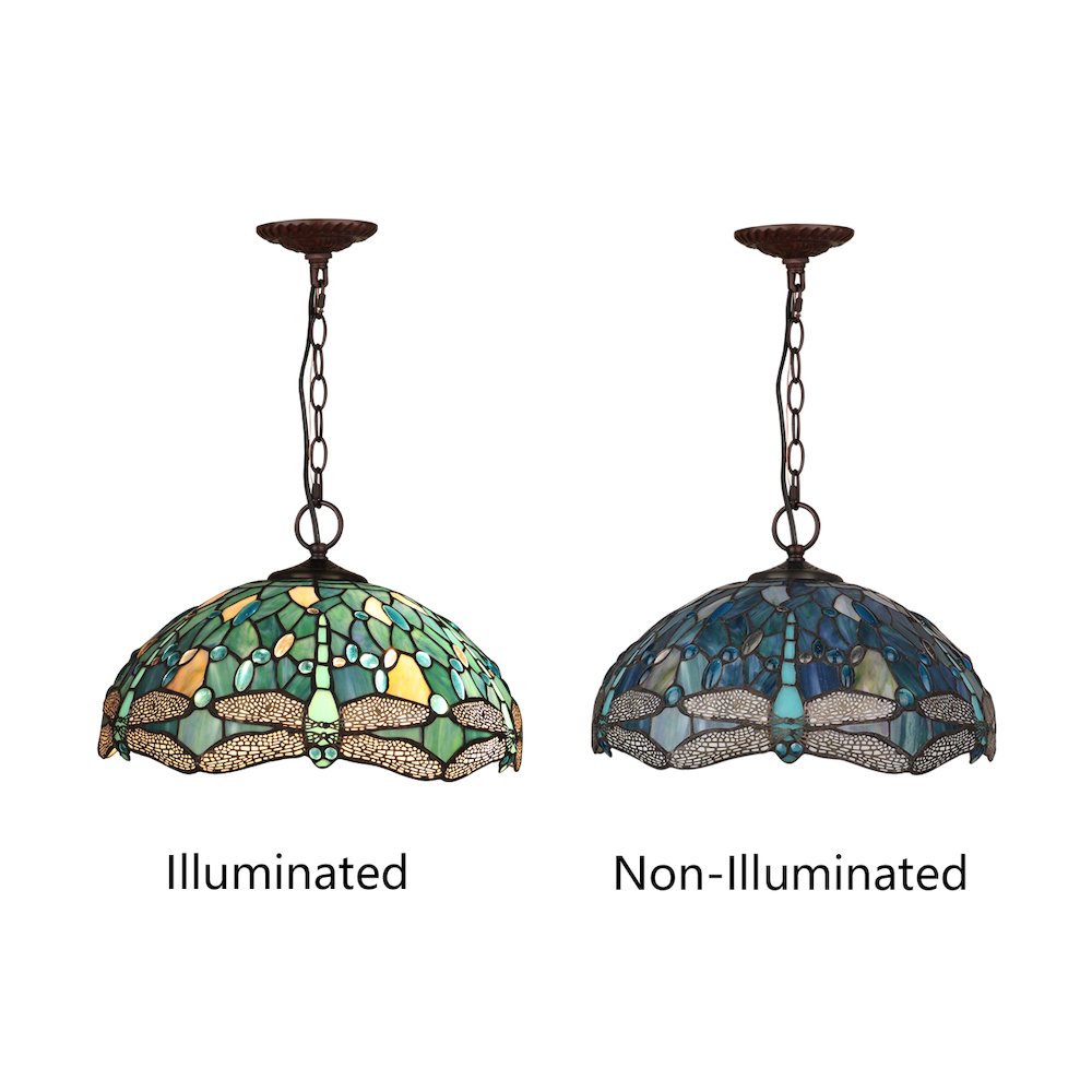 Sunniva Dragonfly Tiffany-Style 2-Light Ceiling Pendant 16" Shade. Picture 5