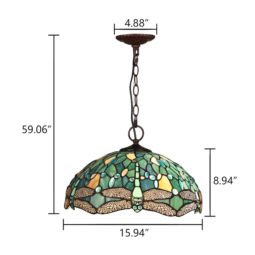 Sunniva Dragonfly Tiffany-Style 2-Light Ceiling Pendant 16" Shade. Picture 8