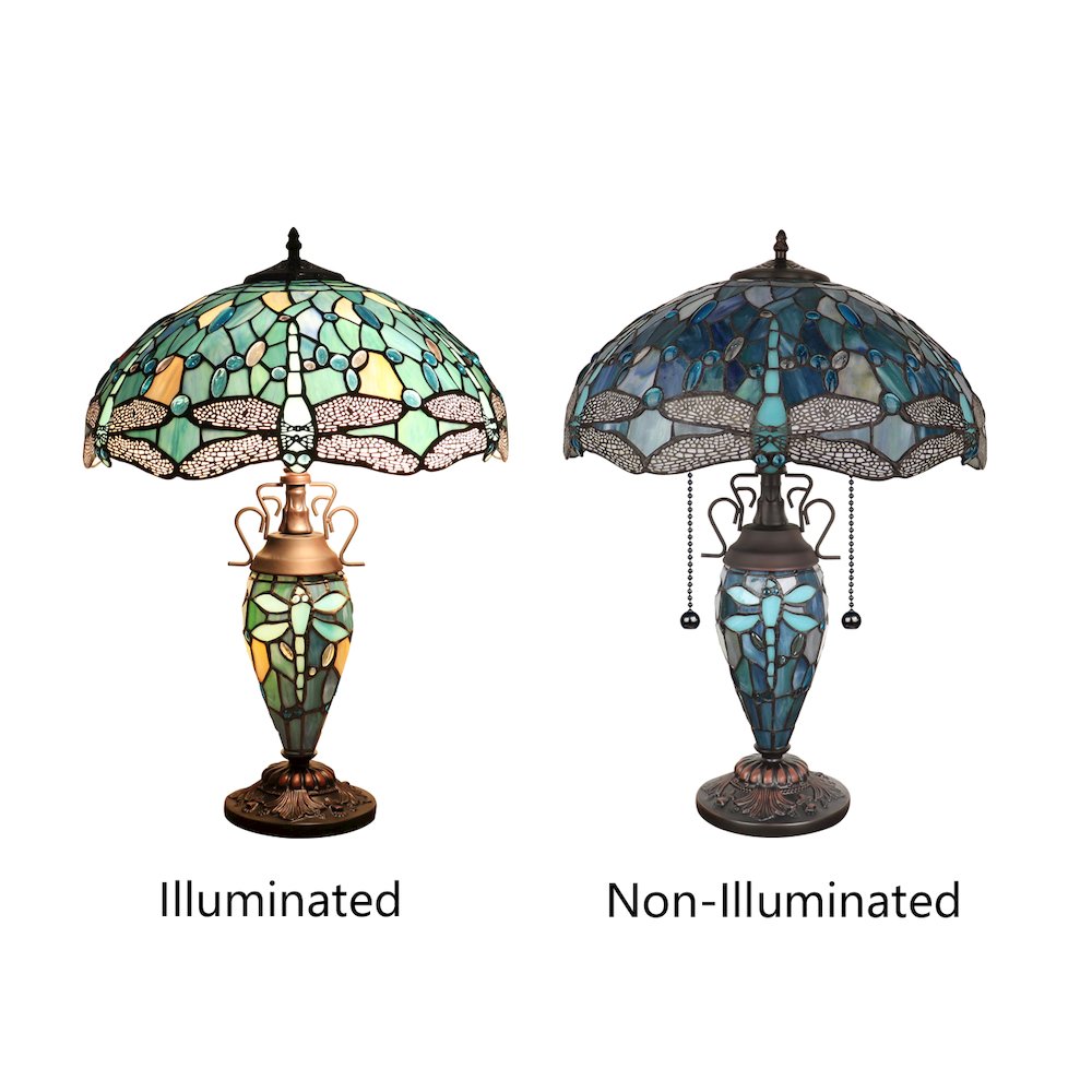 Sunniva Dragonfly Tiffany-Style 3-Light Double Lit Table Lamp 16" Shade. Picture 5