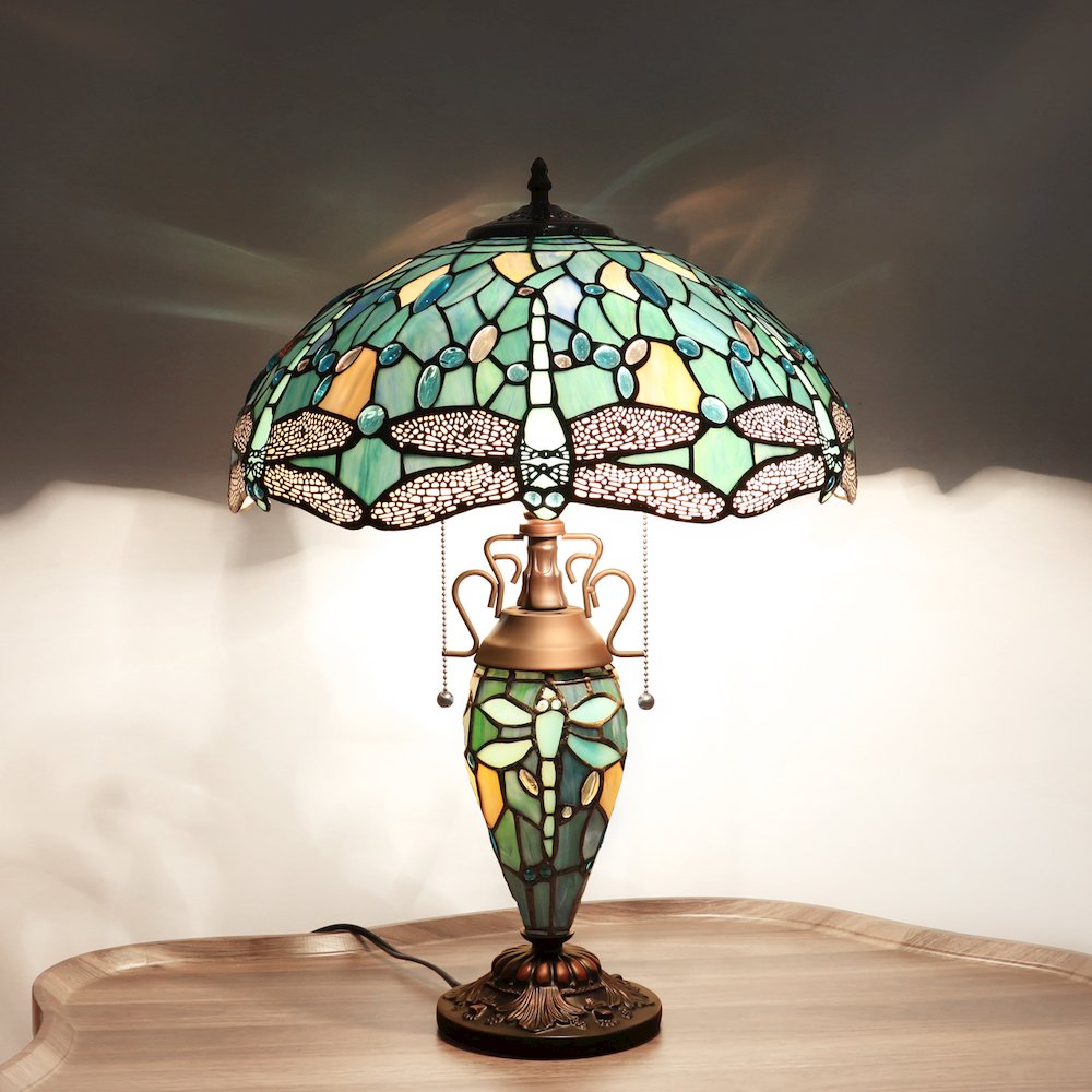 Sunniva Dragonfly Tiffany-Style 3-Light Double Lit Table Lamp 16" Shade. Picture 6