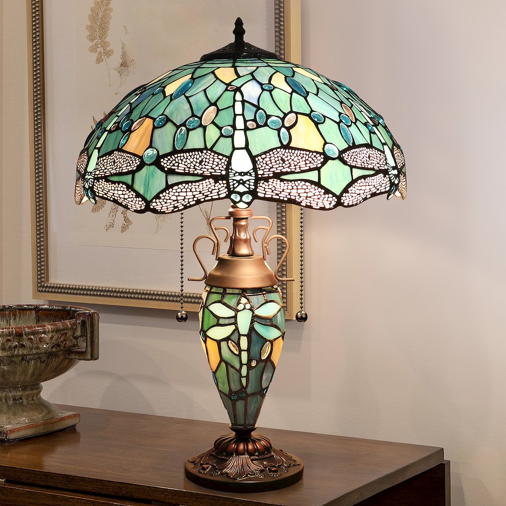 Sunniva Dragonfly Tiffany-Style 3-Light Double Lit Table Lamp 16" Shade. Picture 7