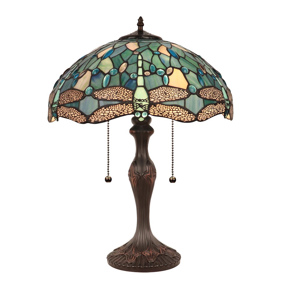 Sunniva Dragonfly Tiffany-Style 2-Light Table Lamp 16" Shade. Picture 1