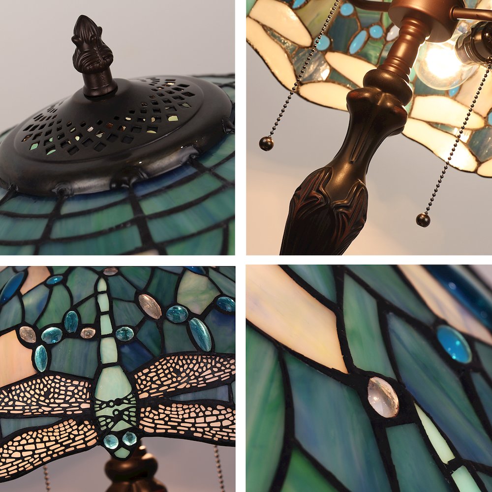 Sunniva Dragonfly Tiffany-Style 2-Light Table Lamp 16" Shade. Picture 4