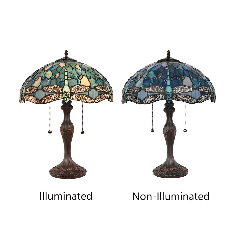 Sunniva Dragonfly Tiffany-Style 2-Light Table Lamp 16" Shade. Picture 5
