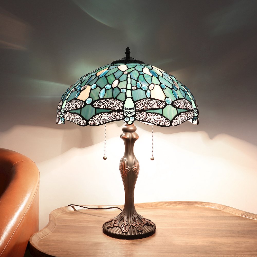 Sunniva Dragonfly Tiffany-Style 2-Light Table Lamp 16" Shade. Picture 6