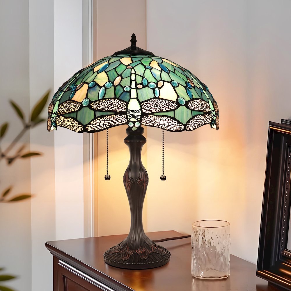 Sunniva Dragonfly Tiffany-Style 2-Light Table Lamp 16" Shade. Picture 7