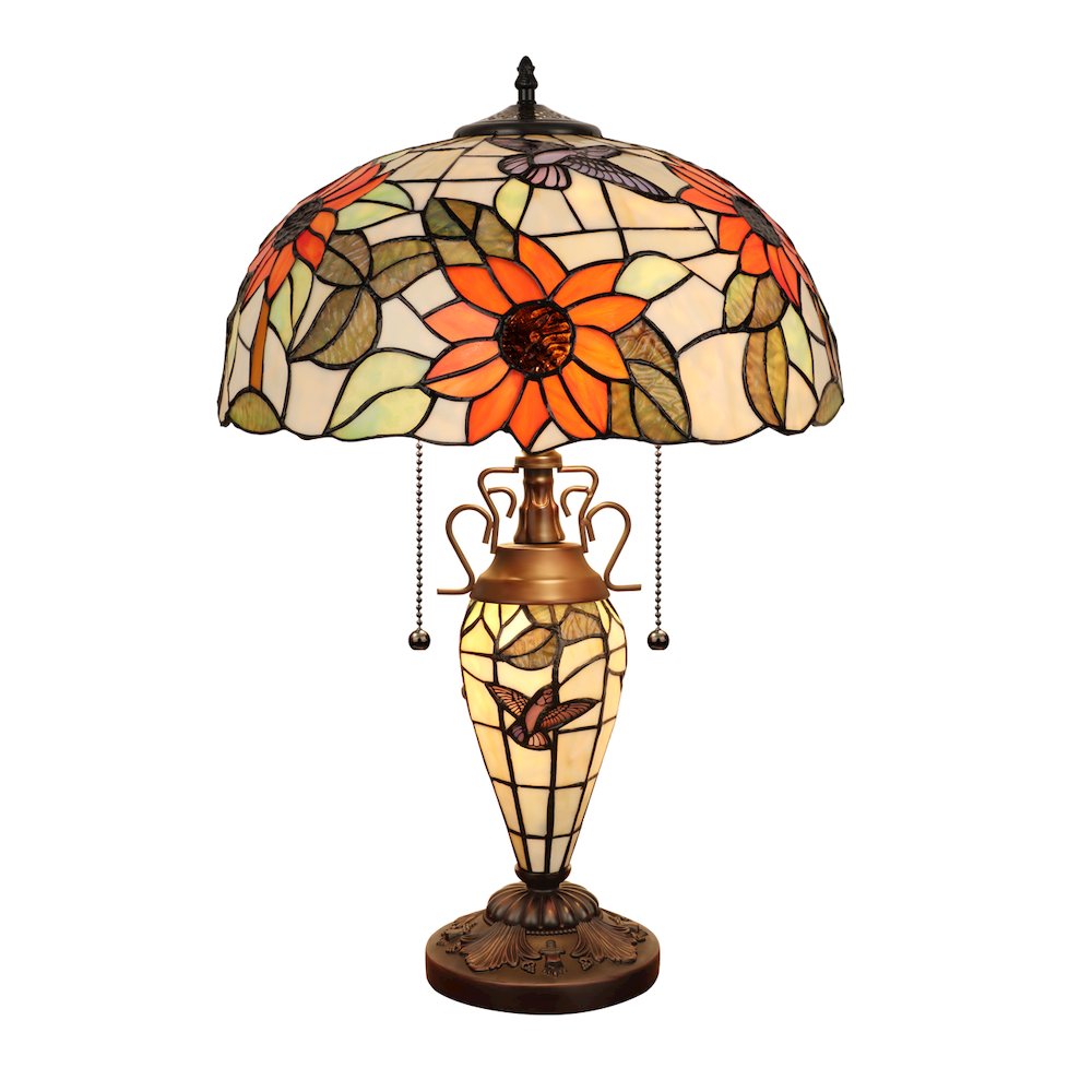SARAI Tiffany-Style Floral Design 3-Light Double Lit Table Lamp 16" Shade. Picture 2