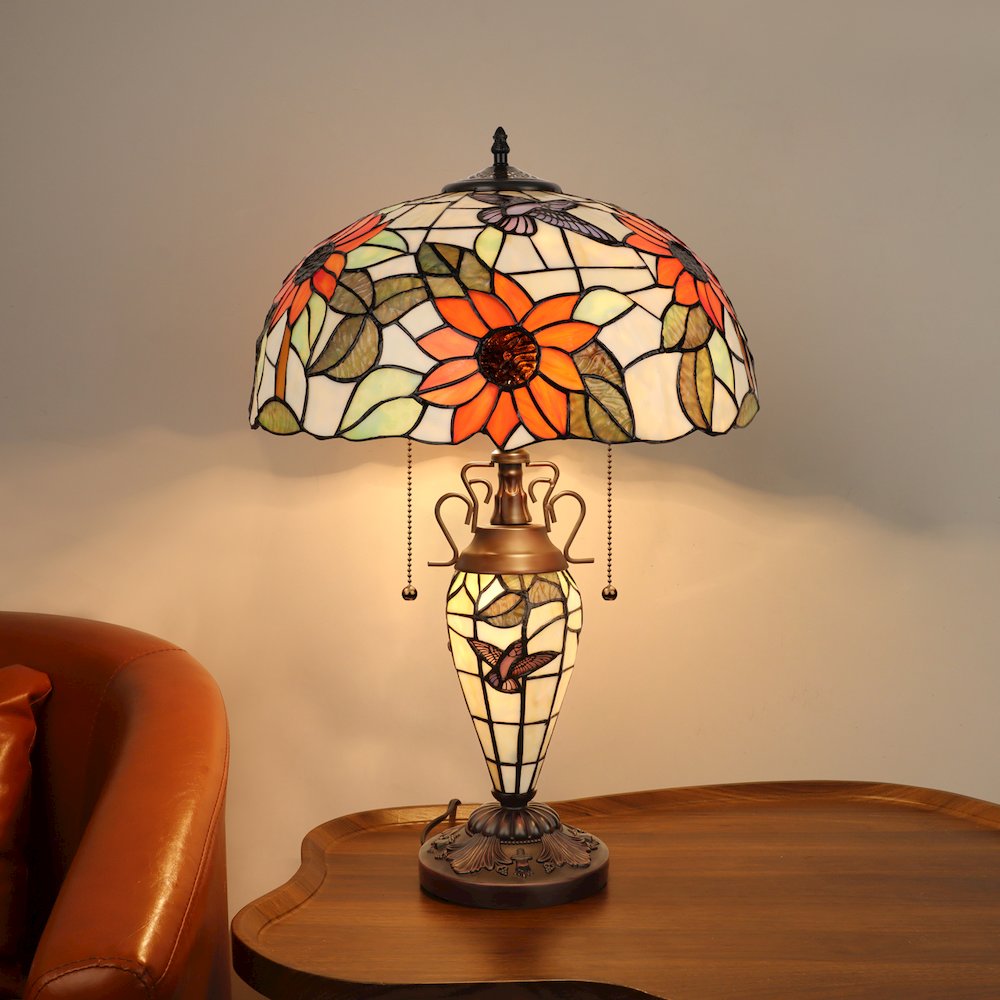 SARAI Tiffany-Style Floral Design 3-Light Double Lit Table Lamp 16" Shade. Picture 8
