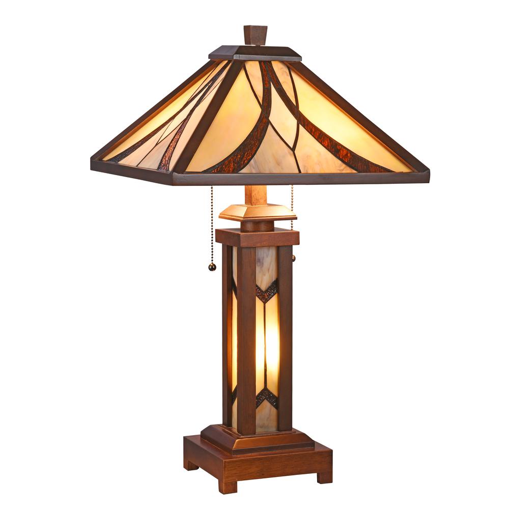 GORDON Tiffany-style Mission 3 Light Double Lit Wooden Table Lamp 15" Shade. Picture 1