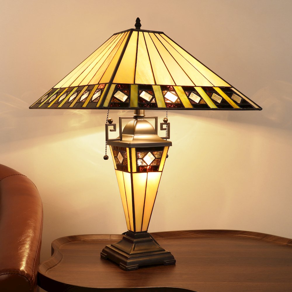 Giles Tiffany-Style 3-Light Mission Double Lit Table Lamp 16" Shade. Picture 6