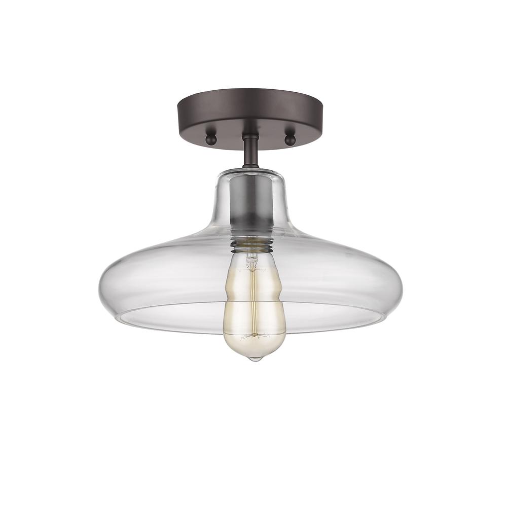 DICKENS Industrial-style 1 Light Rubbed Bronze Semi-flush Ceiling Fixture 11" Shade. Picture 1