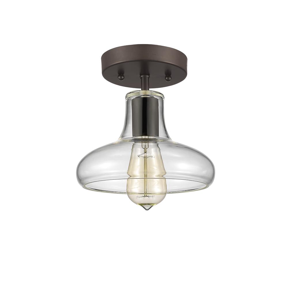 DICKENS Industrial-style 1 Light Rubbed Bronze Semi-flush Ceiling Fixture 8" Shade. Picture 1