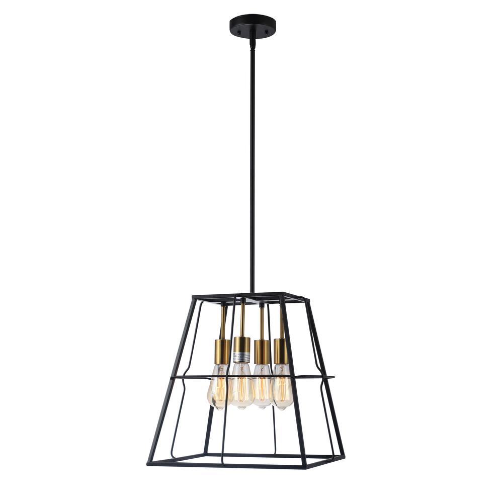 CHLOE Lighting IRONCLAD Industrial 4 Light Matt Black/Gold Trapezoid Ceiling Pendant 15" Wide. Picture 1