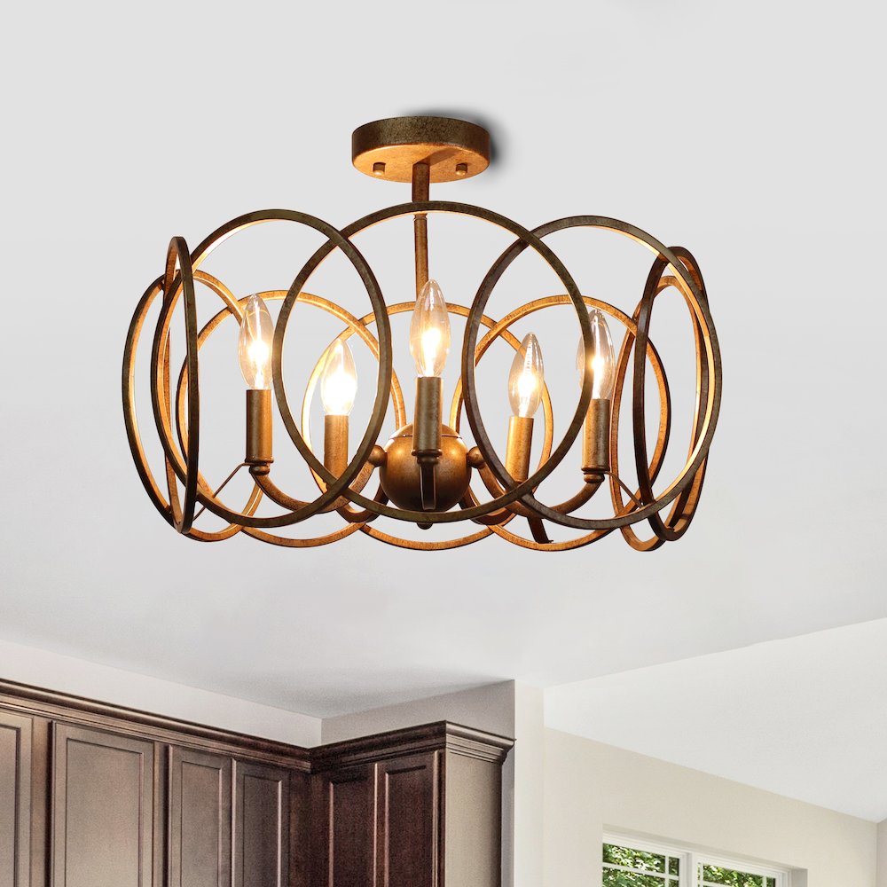 Archer Farmhouse-Style Antique Brass 4 Light Semi-Flush Fixture 24" Wide. Picture 5
