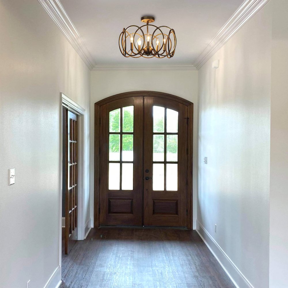 Archer Farmhouse-Style Antique Brass 4 Light Semi-Flush Fixture 24" Wide. Picture 6