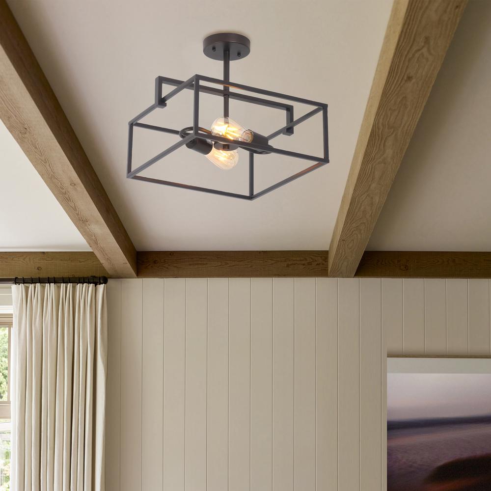 CHLOE Lighting NOLAN Farmhouse 2 Light Oil Rubbed Bronze Square Semi-Flush Ceiling Pendant 14" Wide. Picture 4