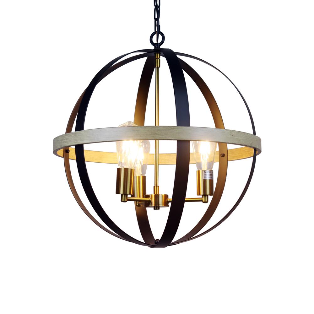 CHLOE Lighting ABBOTT Farmhouse-Style Black/Bronze/Wood 3 Light Pendant 20" Wide. Picture 1