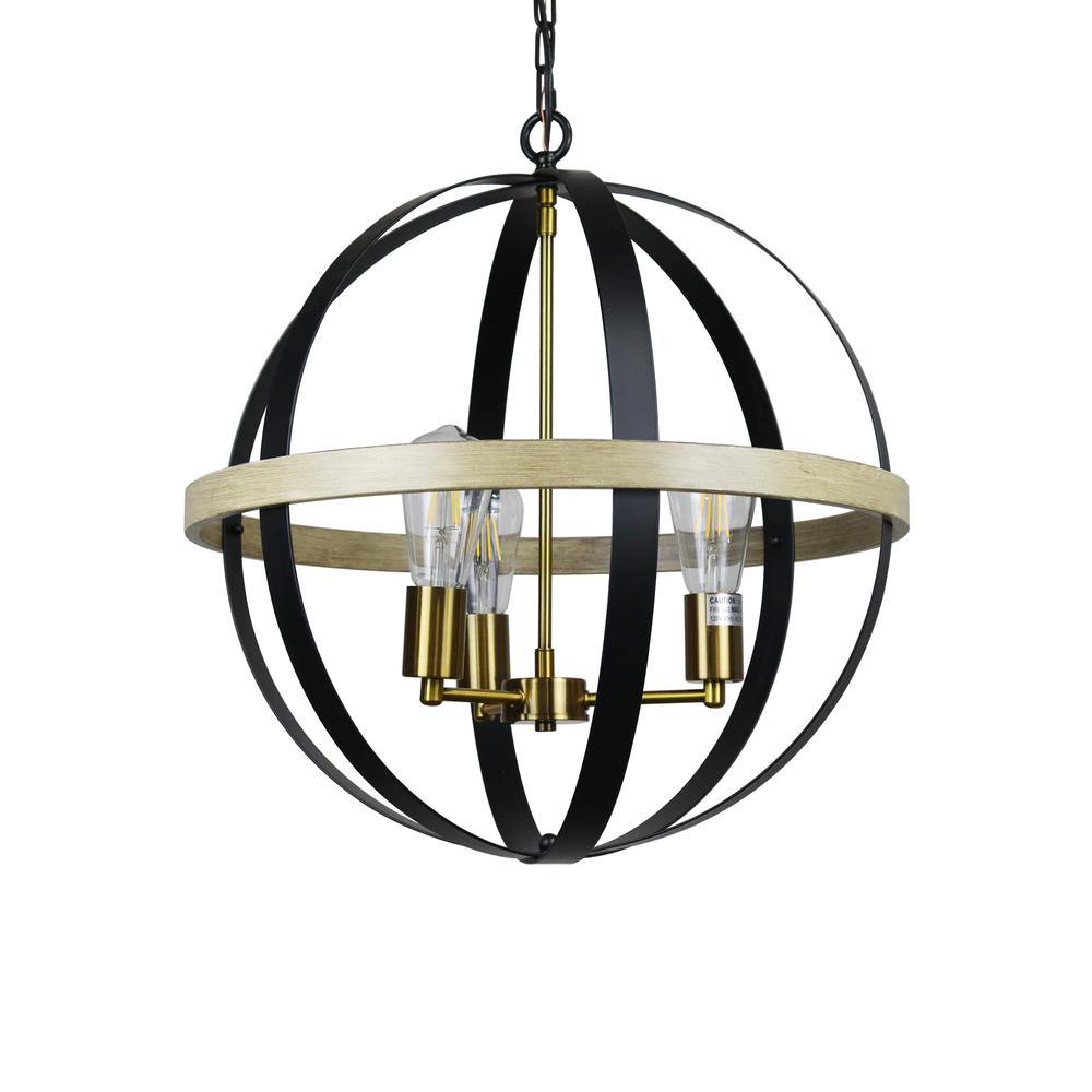 CHLOE Lighting ABBOTT Farmhouse-Style Black/Bronze/Wood 3 Light Pendant 20" Wide. Picture 2