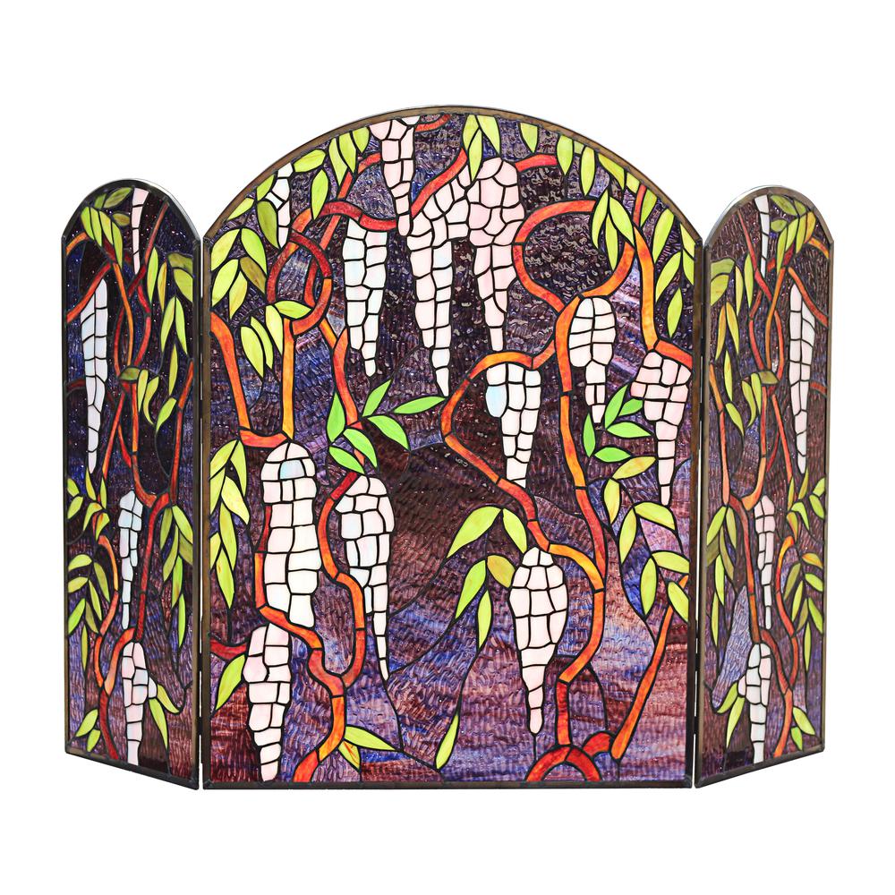 CHLOE Lighting CORINTH Tiffany-Style Stained Glass Grape Design Fireplace Screen 42" Wide. Picture 1