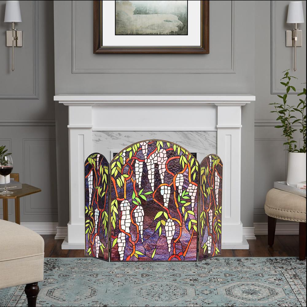 CHLOE Lighting CORINTH Tiffany-Style Stained Glass Grape Design Fireplace Screen 42" Wide. Picture 5