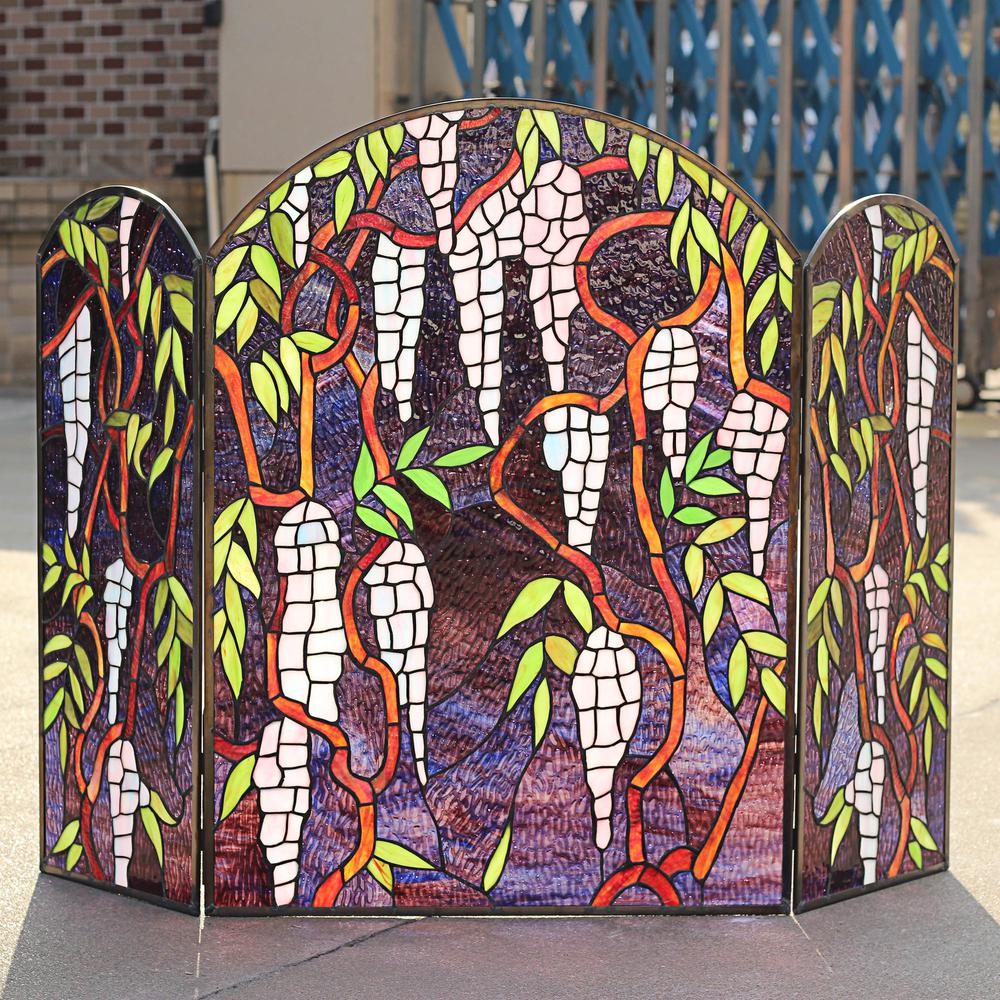 CHLOE Lighting CORINTH Tiffany-Style Stained Glass Grape Design Fireplace Screen 42" Wide. Picture 7