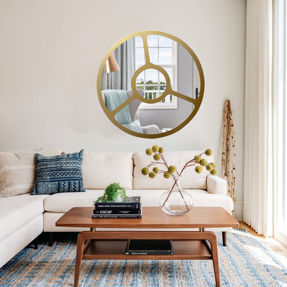 CHLOE's Reflection Contemporary-Style Round Golden Finish Wall Mirror 30" Tall. Picture 3