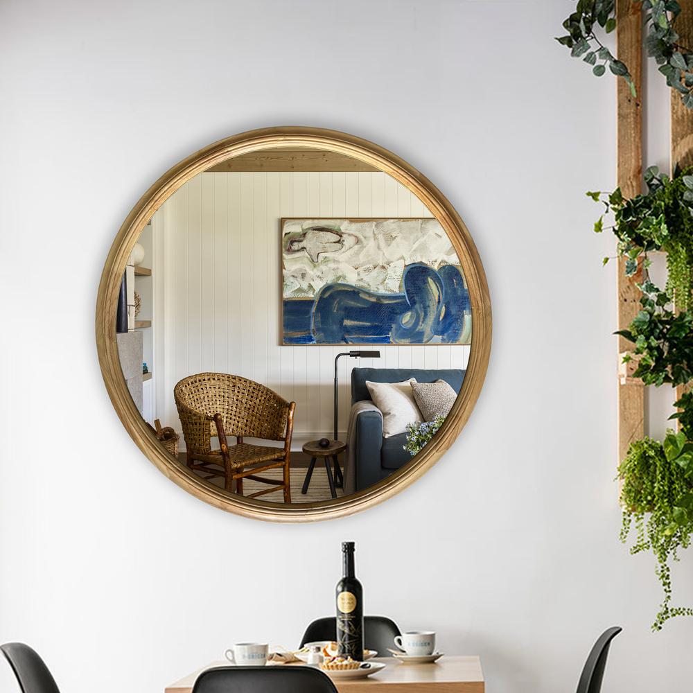 CHLOE's Reflection Contemporary Maple Wood Finish Round Framed Wall Mirror 36" Width. Picture 5