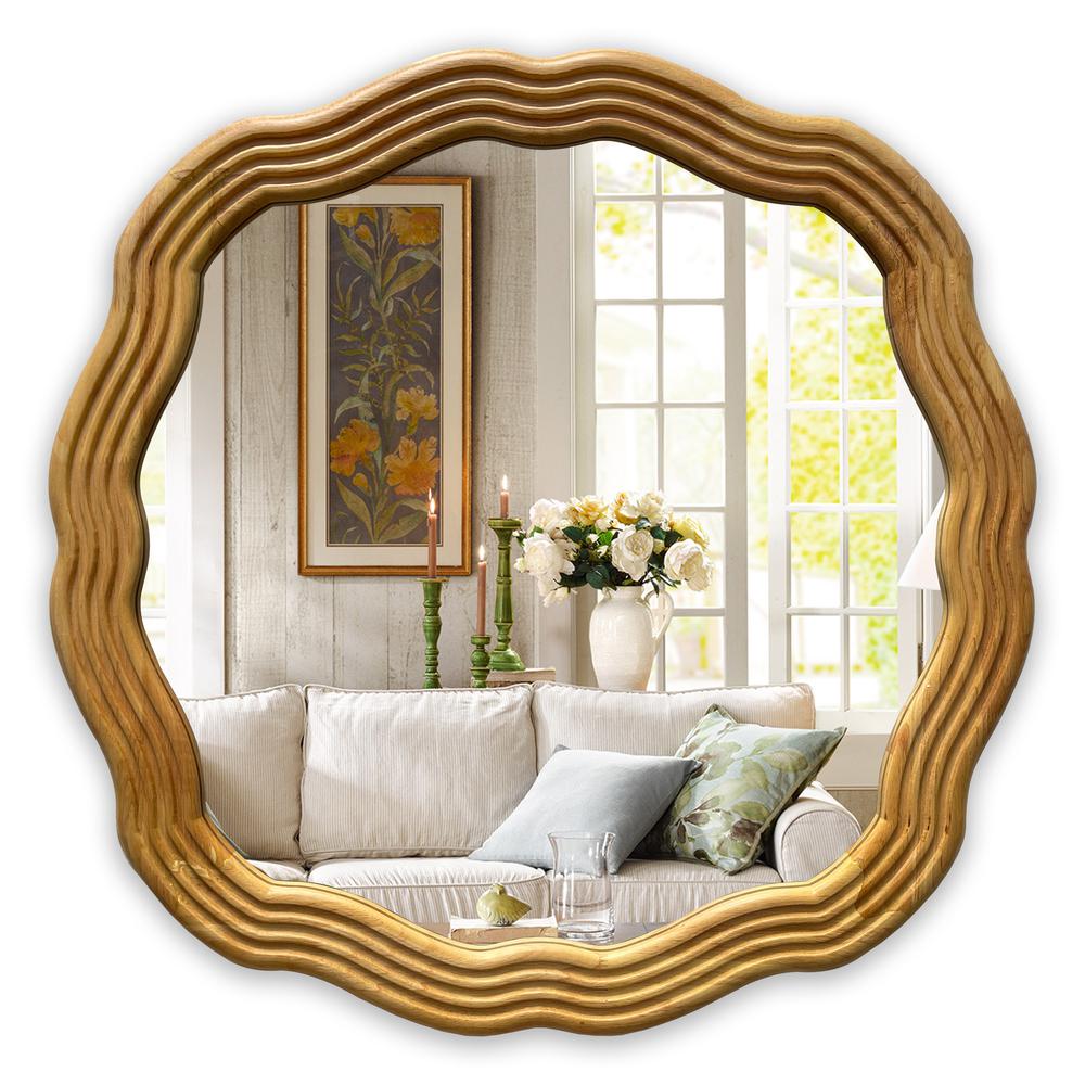CHLOE's Reflection Contemporary Maple Wood Finish Round Framed Wall Mirror 33" Width. Picture 5