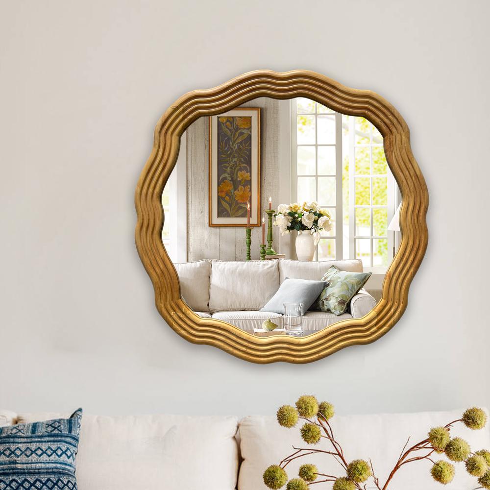 CHLOE's Reflection Contemporary Maple Wood Finish Round Framed Wall Mirror 33" Width. Picture 3