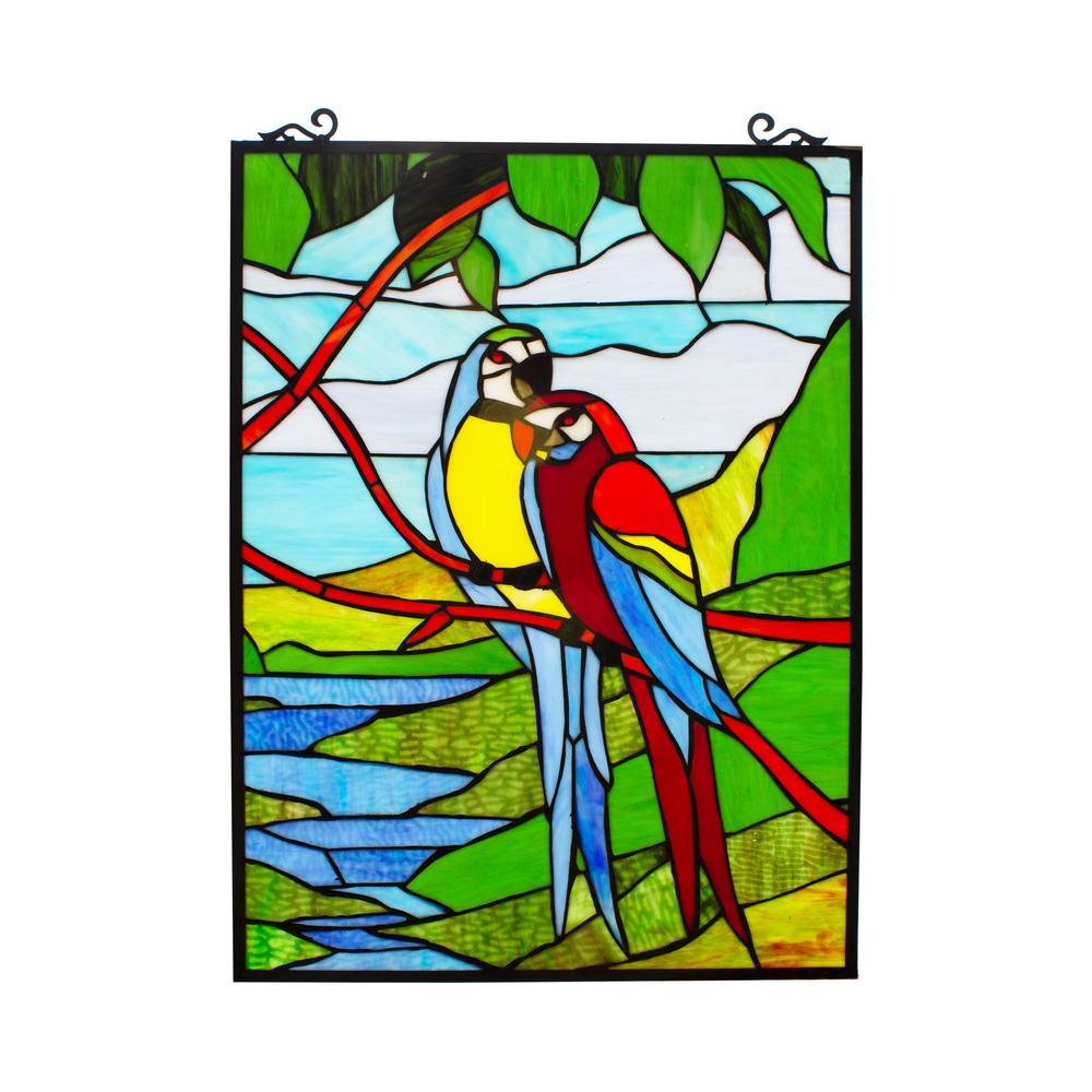 CHLOE Lighting MACAW LOVE-BIRDS Tiffany-style Animal Window Panel 24" Height. Picture 1