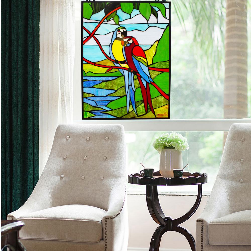 CHLOE Lighting MACAW LOVE-BIRDS Tiffany-style Animal Window Panel 24" Height. Picture 3