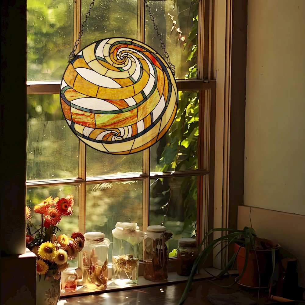 Terra Tiffany-Style Geometric Stained Glass Window Panel 23" Width. Picture 5