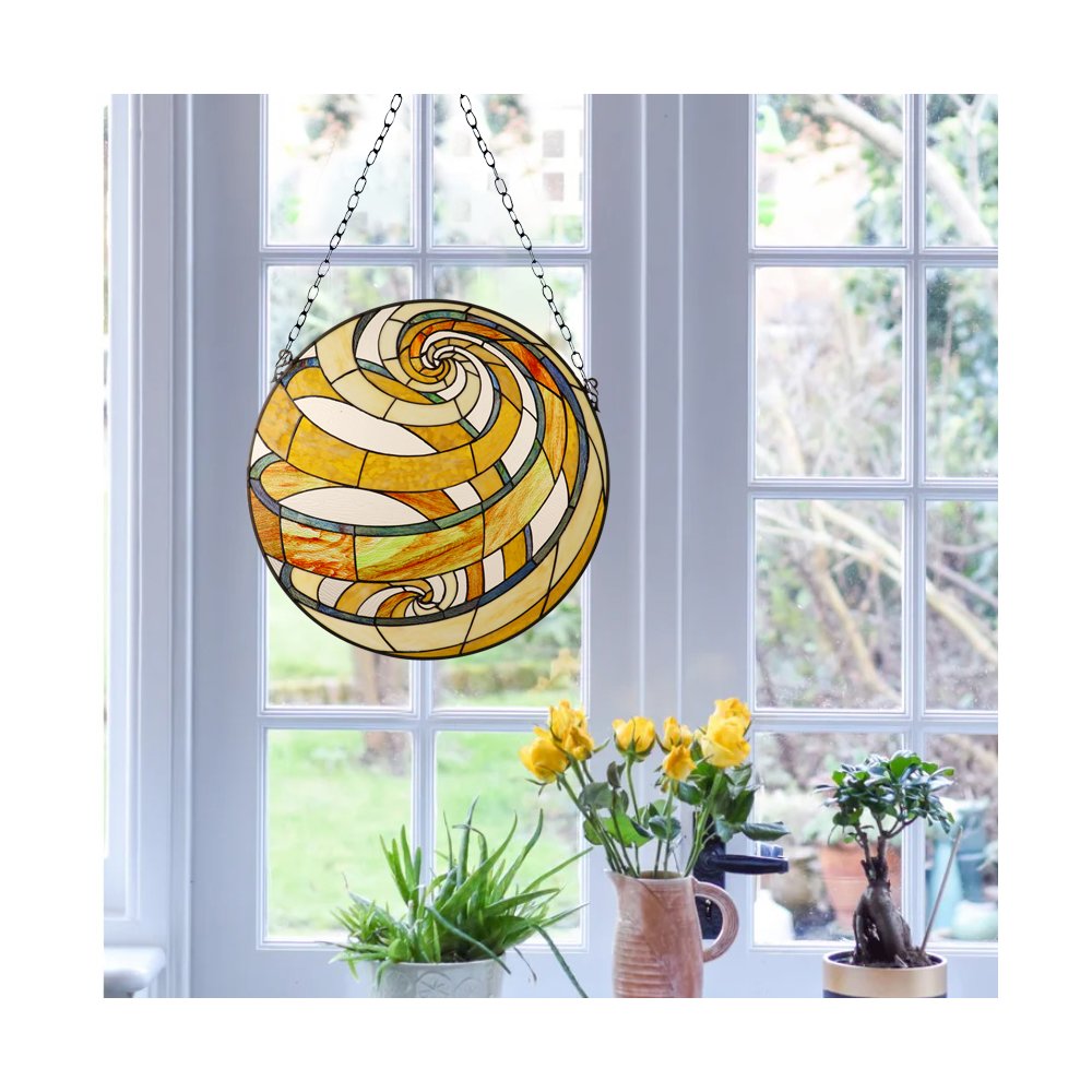 Terra Tiffany-Style Geometric Stained Glass Window Panel 23" Width. Picture 6