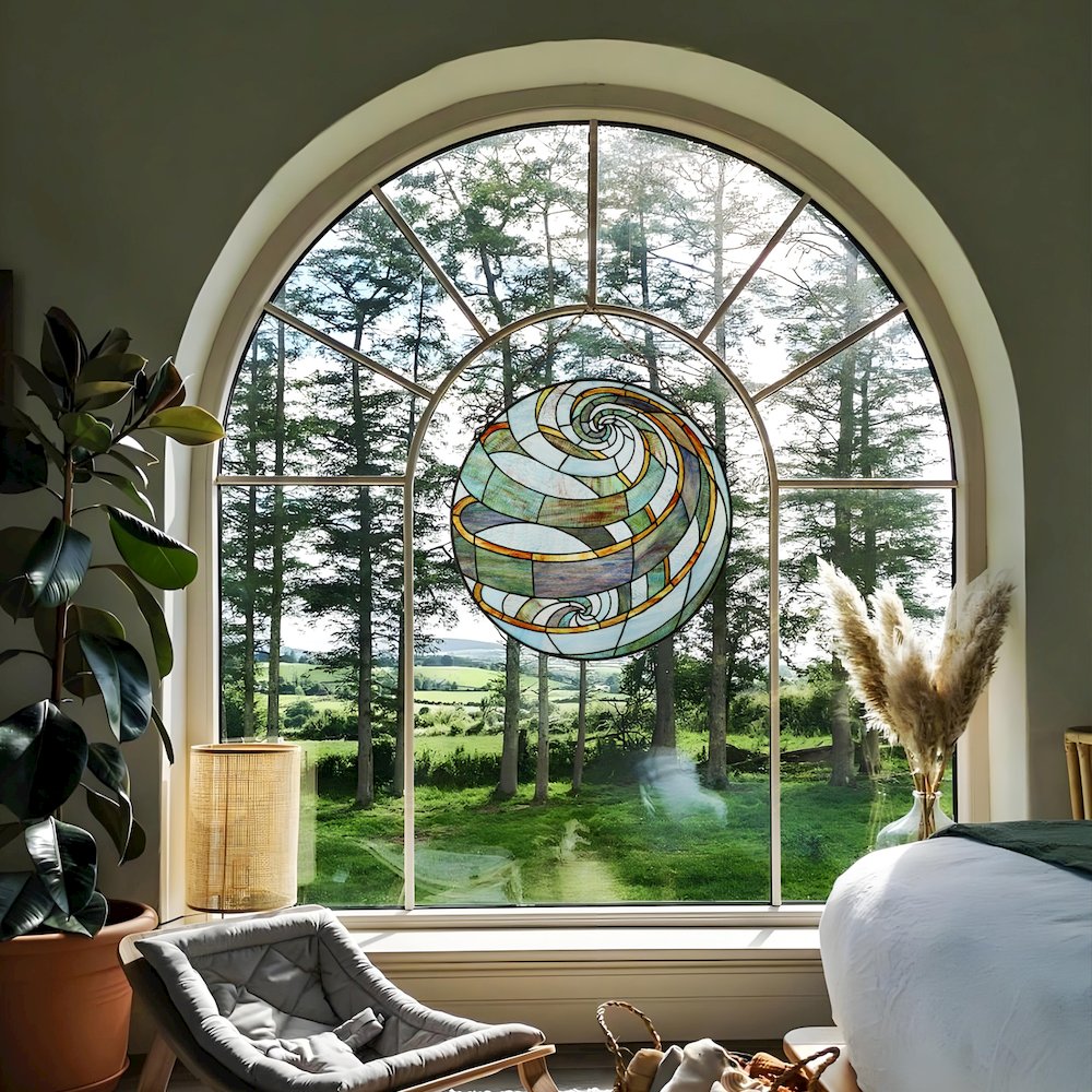 Terra Tiffany-Style Geometric Stained Glass Window Panel 23" Width. Picture 5