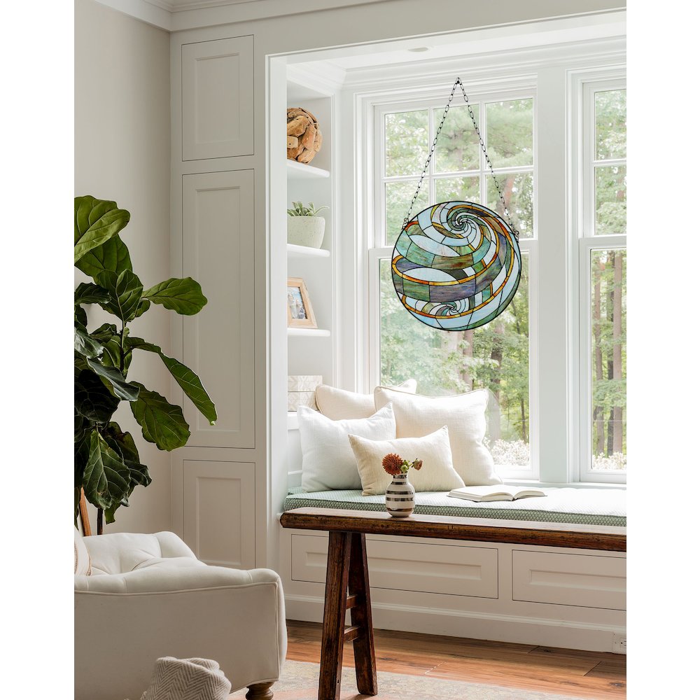 Terra Tiffany-Style Geometric Stained Glass Window Panel 23" Width. Picture 6