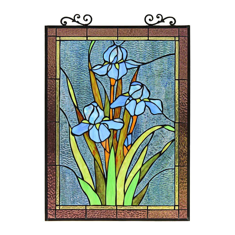 CHLOE Lighting BLUE IRIS Floral Tiffany-Style Stained Glass Verical Hanging Window Panel 25" Tall. Picture 1
