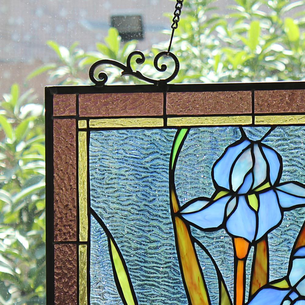 CHLOE Lighting BLUE IRIS Floral Tiffany-Style Stained Glass Verical Hanging Window Panel 25" Tall. Picture 4