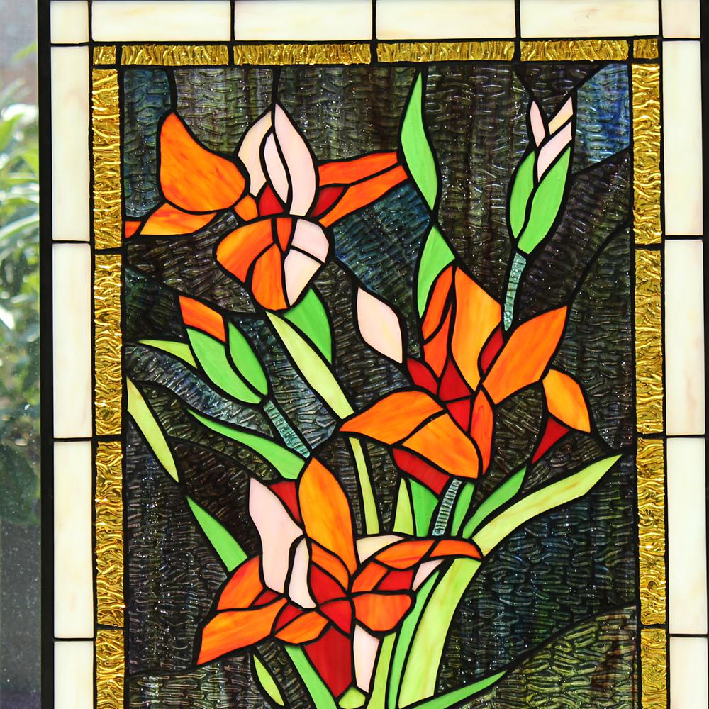 CHLOE Lighting ORANGE LILY Floral Tiffany-Style Stained Glass Verical Hanging Window Panel 24" Tall. Picture 3