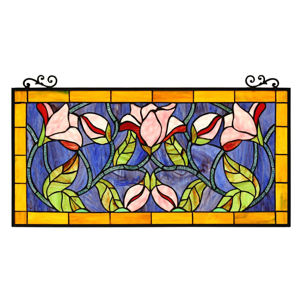CHLOE Lighting ORIENTAL Tiffany-Style Floral Stained Glass Window Panel 34" Wide. Picture 2
