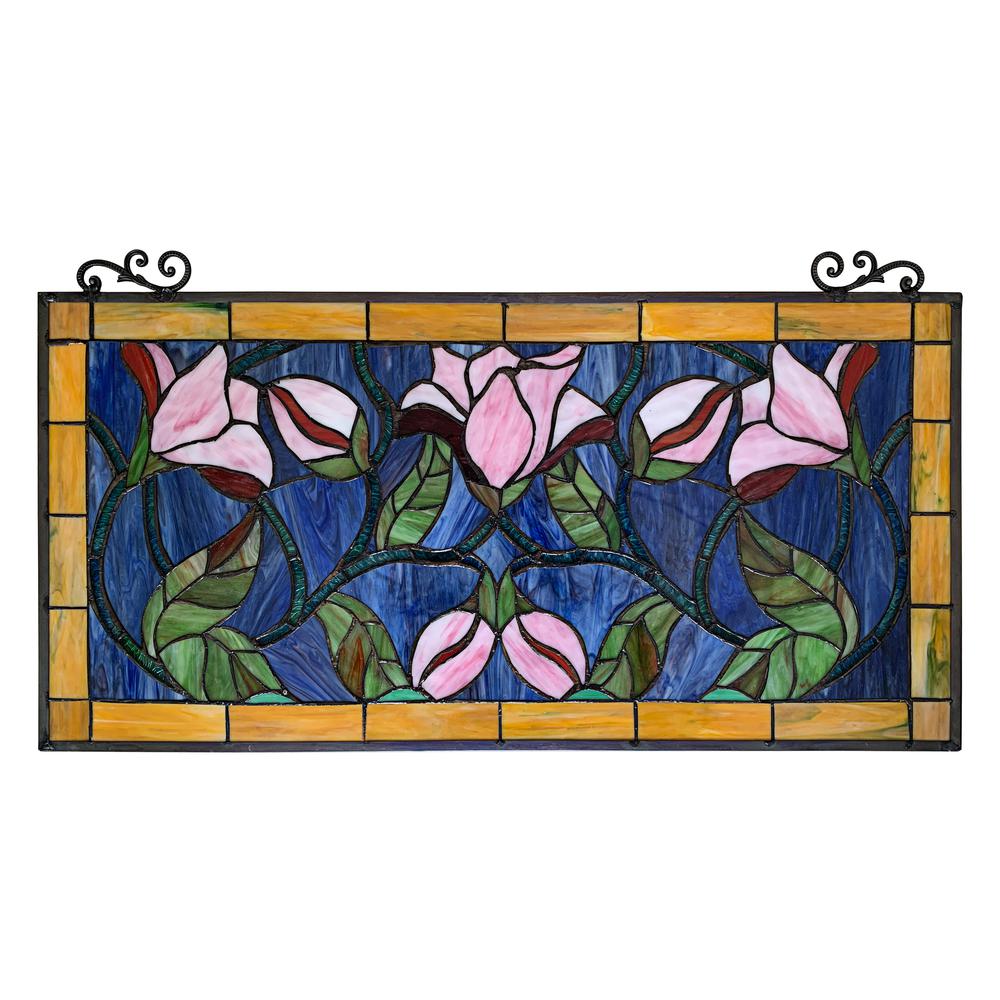 CHLOE Lighting ORIENTAL Tiffany-Style Floral Stained Glass Window Panel 34" Wide. Picture 3
