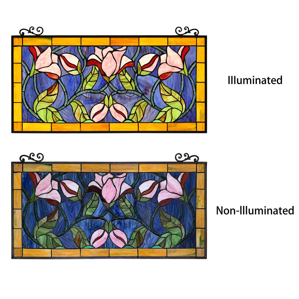 CHLOE Lighting ORIENTAL Tiffany-Style Floral Stained Glass Window Panel 34" Wide. Picture 5