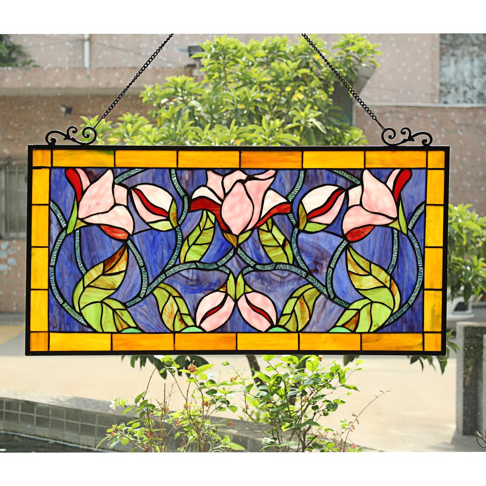 CHLOE Lighting ORIENTAL Tiffany-Style Floral Stained Glass Window Panel 34" Wide. Picture 6