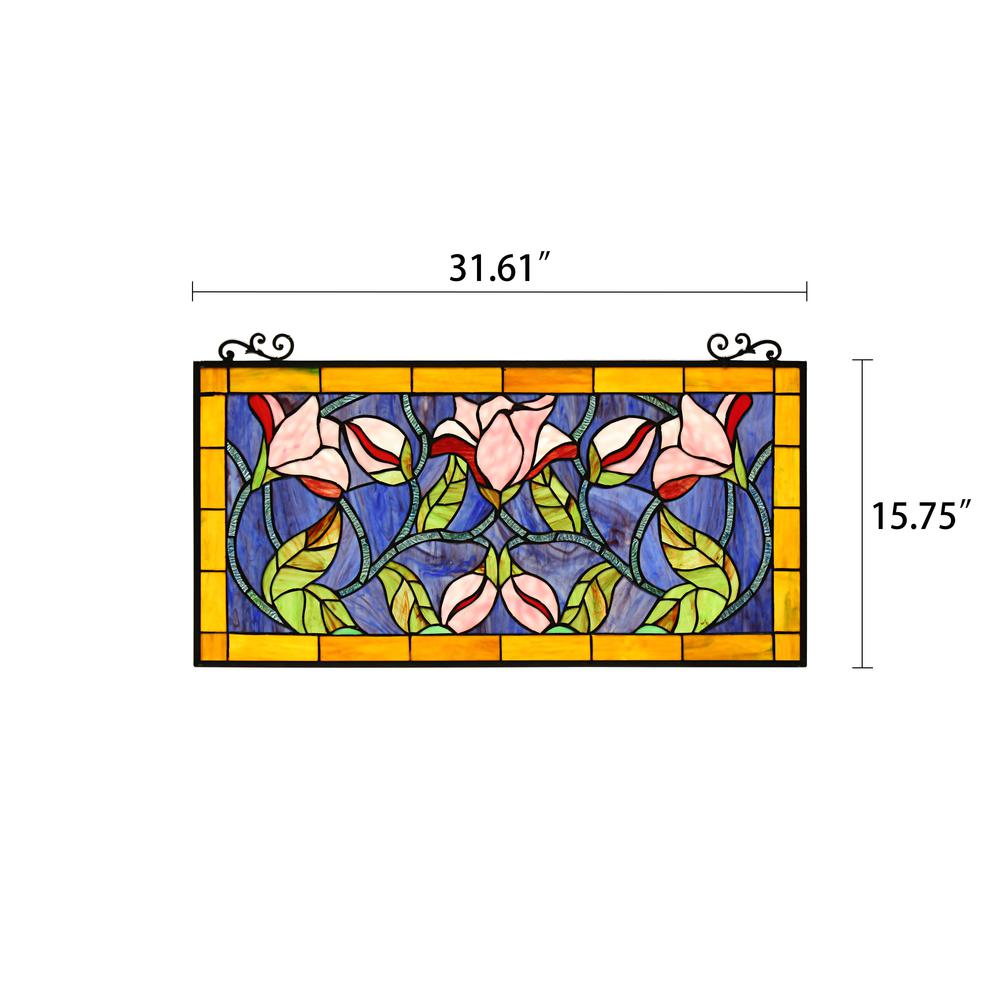 CHLOE Lighting ORIENTAL Tiffany-Style Floral Stained Glass Window Panel 34" Wide. Picture 7
