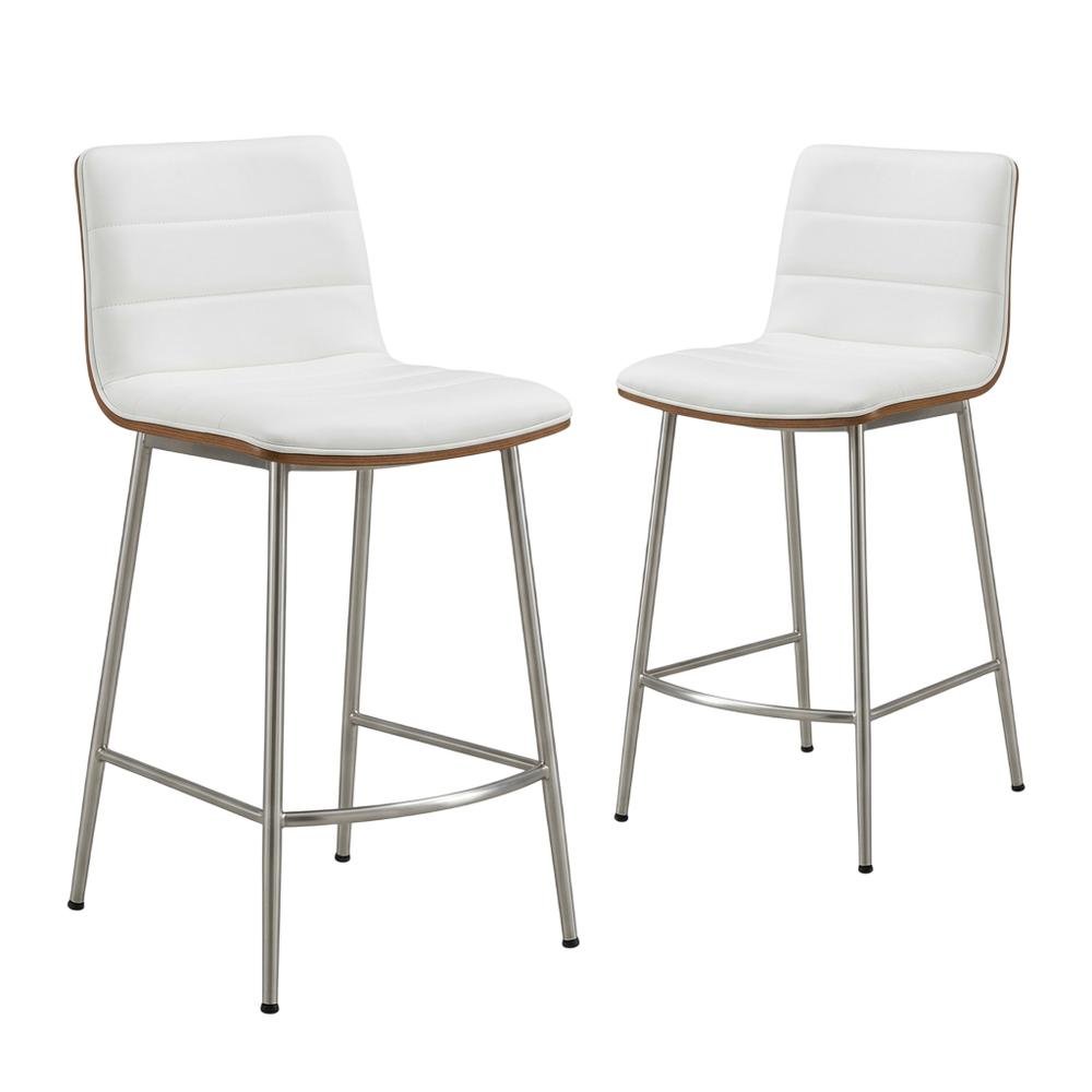 Stainless Steel and Walnut Counter Stool with White Faux Leather Cover, Set of 2. Picture 3