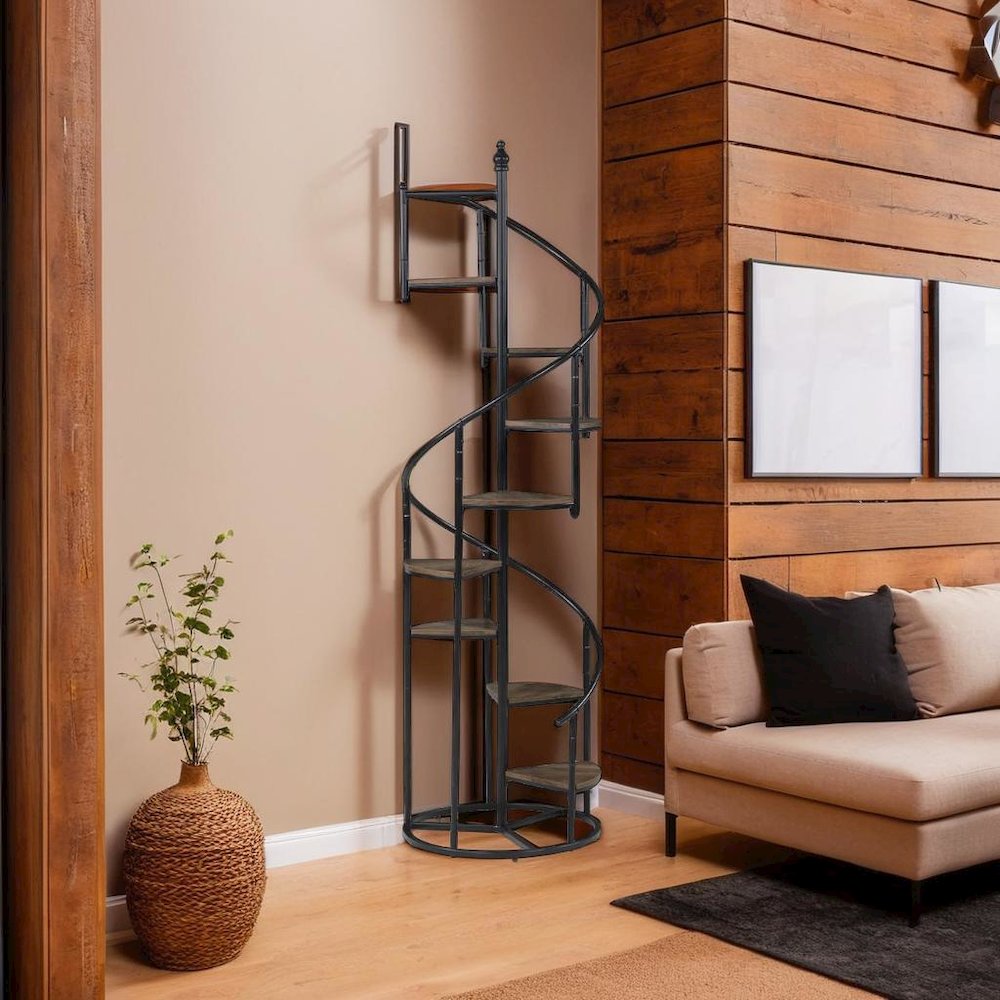 Stylish 8-Shelf Spiral Staircase Bookcase in Rustic Brown and Black Finish. Picture 4