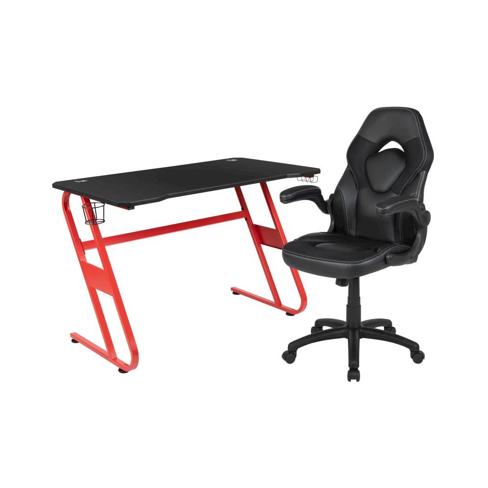 Red Gaming Desk and Black Racing Chair Set with Cup Holder and Headphone Hook. Picture 1